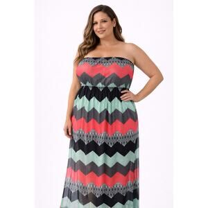 Three Pink Hearts Dress Womens Large Strapless Chevron Maxi Coral Mint